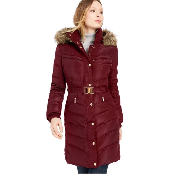 Michael Kors Belted Faux-Fur-Trim Down Puffer Coat